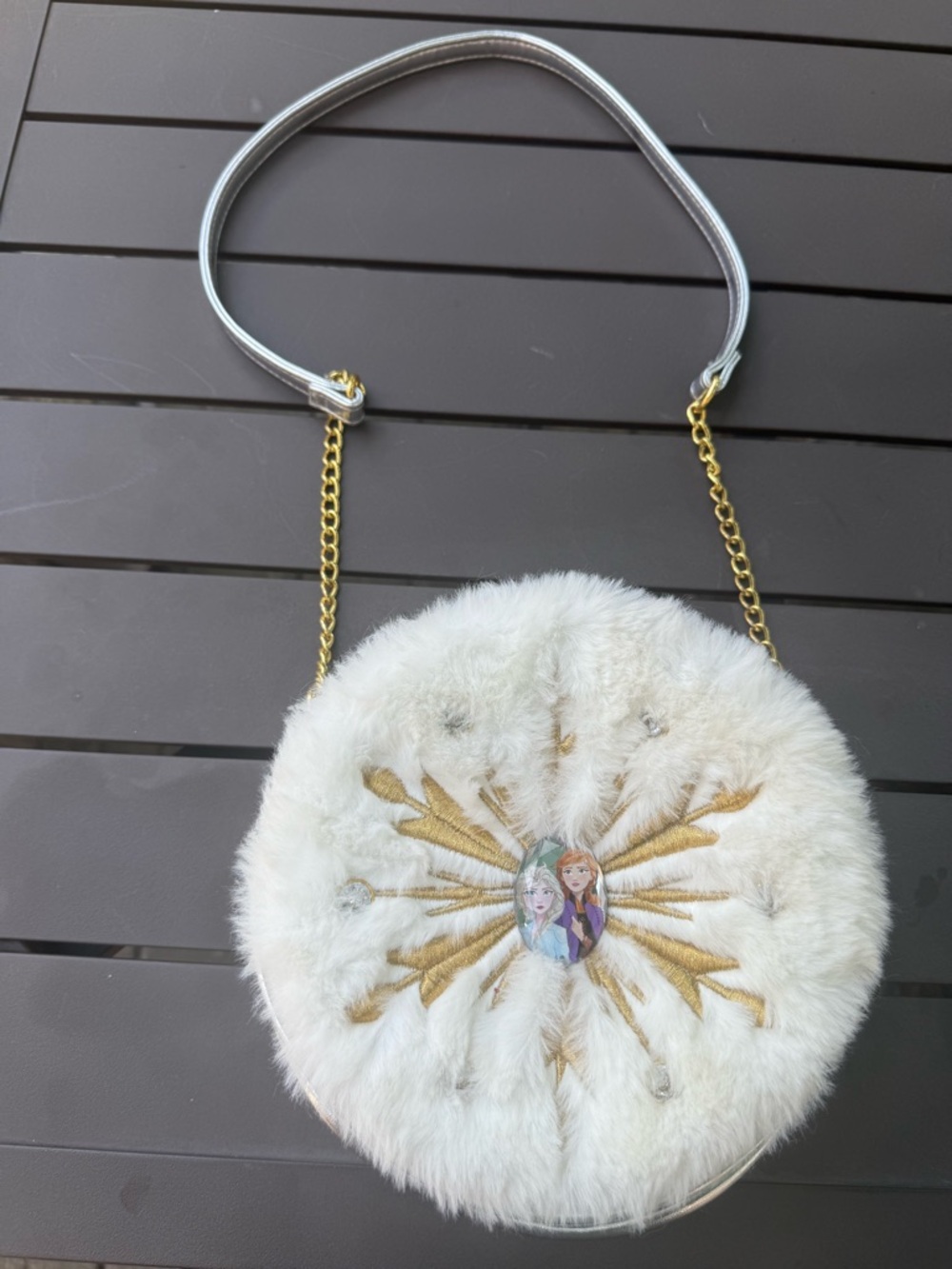 Disney Frozen White Faux Fur Round Crossbody Bag with Gold Accents